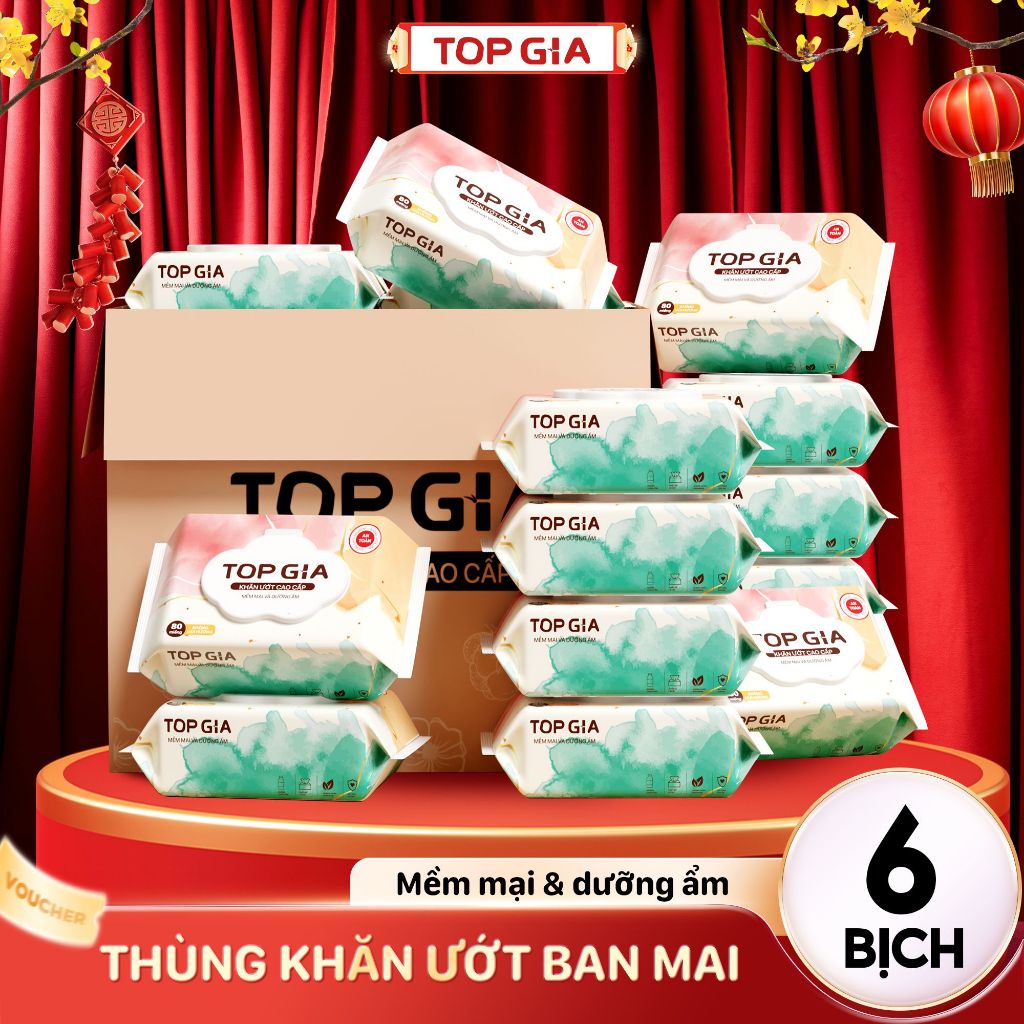 Combo of 6 Packs - Top Gia Wet Wipes 80 แผ่นบ้านใหม่ไม่มีพาราเบนไม่มีกลิ่นพรีเมี่ยม