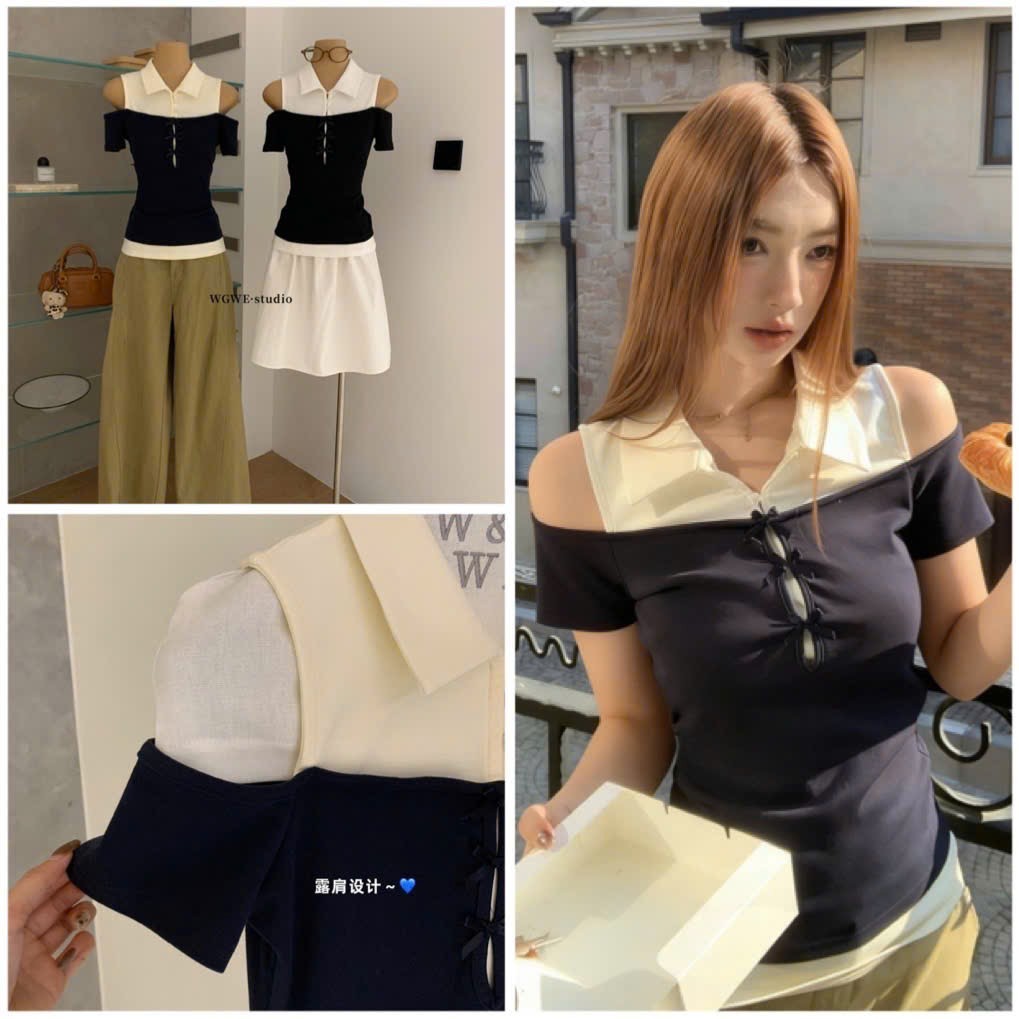 WGWE W9139 เสื้อเชิ้ตดีไซน์คอปกปาดไหล่