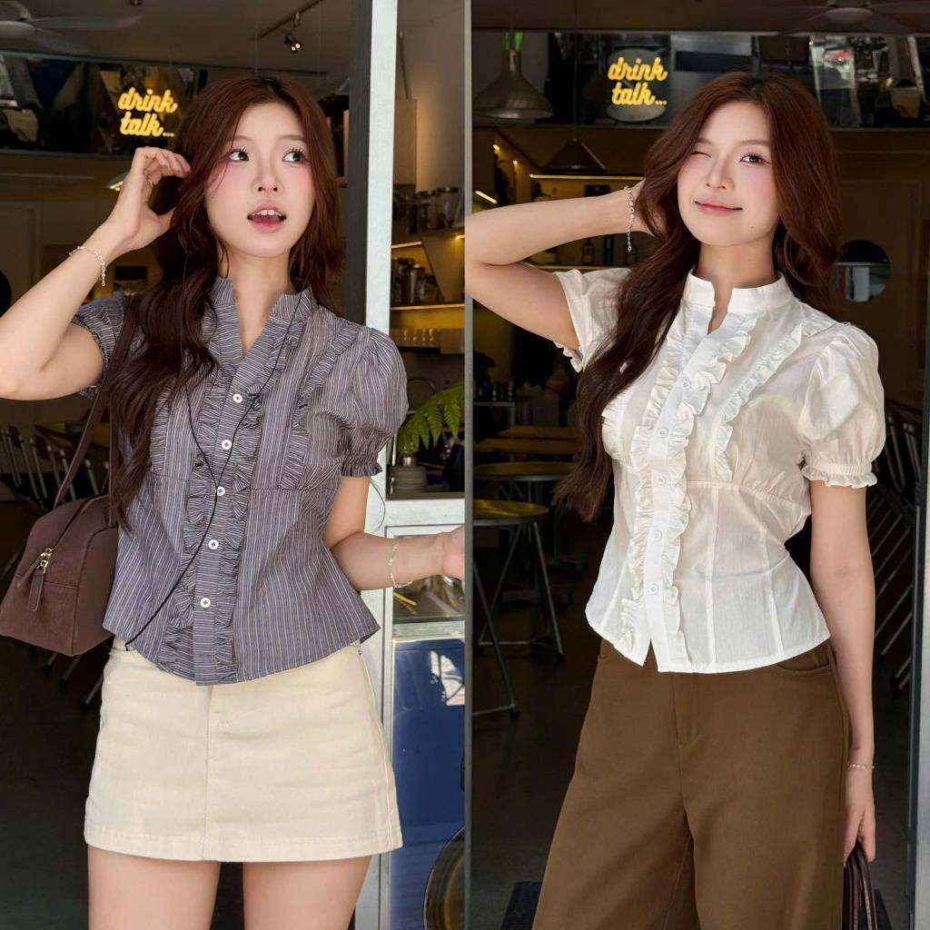 (HAVANA) YEBIN เสื้อท็อปคอปกคอเต่าแขนพองชายจับจีบช่วงเอว AO756