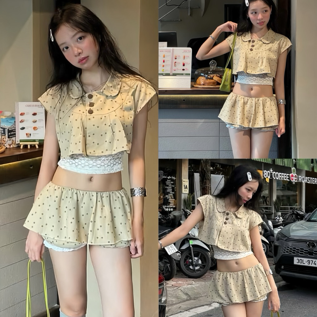 ชุดเสื้อครอปสั้นเข้ารูป 3 ชิ้นพร้อมเสื้อกล้ามลูกไม้นิ่มผสมกระโปรงสั้นซับในต้นขาผ้าหลักลดวัยสวย
