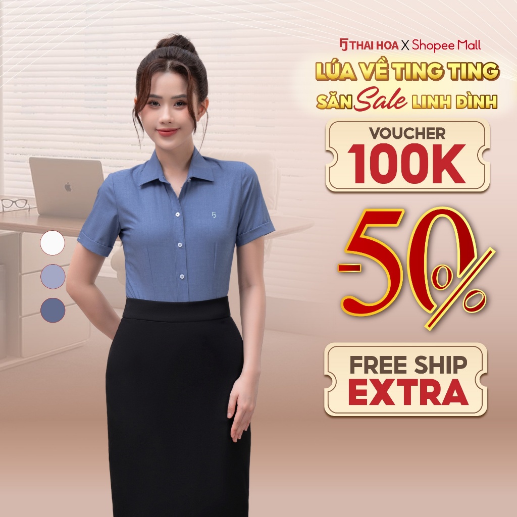 เสื้อเชิ้ตแขนสั้นผู้หญิง Thai Hoa 25ASW-267 ผ้าคอตตอนไม้ไผ่คุณภาพสูง รุ่นกระดุมมีขอบเอวคุณภาพสูง