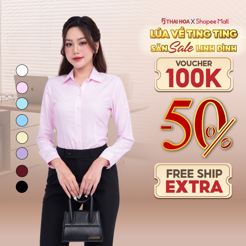 เสื้อเชิ้ตผู้หญิง ASW0101-R01 แขนยาว ทรงเข้ารูป ผ้าคอตตอนสีพื้น สีไทยโฮอา