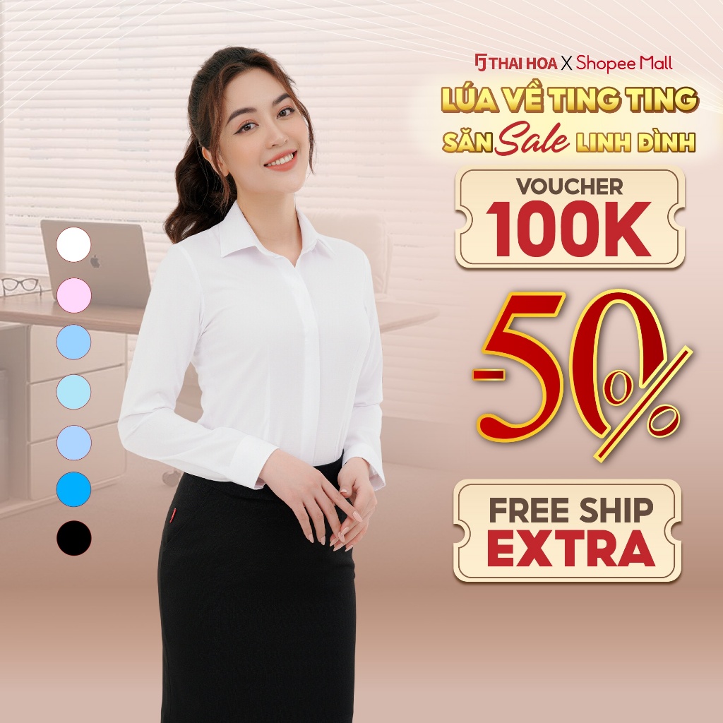 เสื้อเชิ้ตผู้หญิง ASW0101-R12 คอปกเยอรมัน แขนยาว ทรงเข้ารูป ผ้าใยไผ่ลายทางหลากสีไทย Hoa