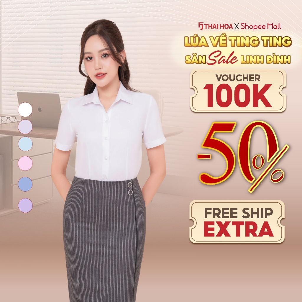 เสื้อเชิ้ตแขนสั้นผู้หญิง ASW0301-R05 ผ้าคอตตอนลายทางละเอียด ทรงเข้ารูป สีไทยโฮอา