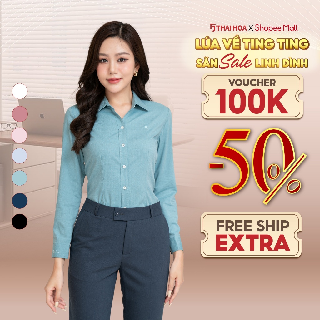 เสื้อเชิ้ตแขนยาวผู้หญิง ASW0101-R11 เอสเซ้นส์ใยไผ่ ผ้าเป็นรอยขีด แบบไทย Hoa แบบบาง เสื้อเชิ้ตผู้หญิง