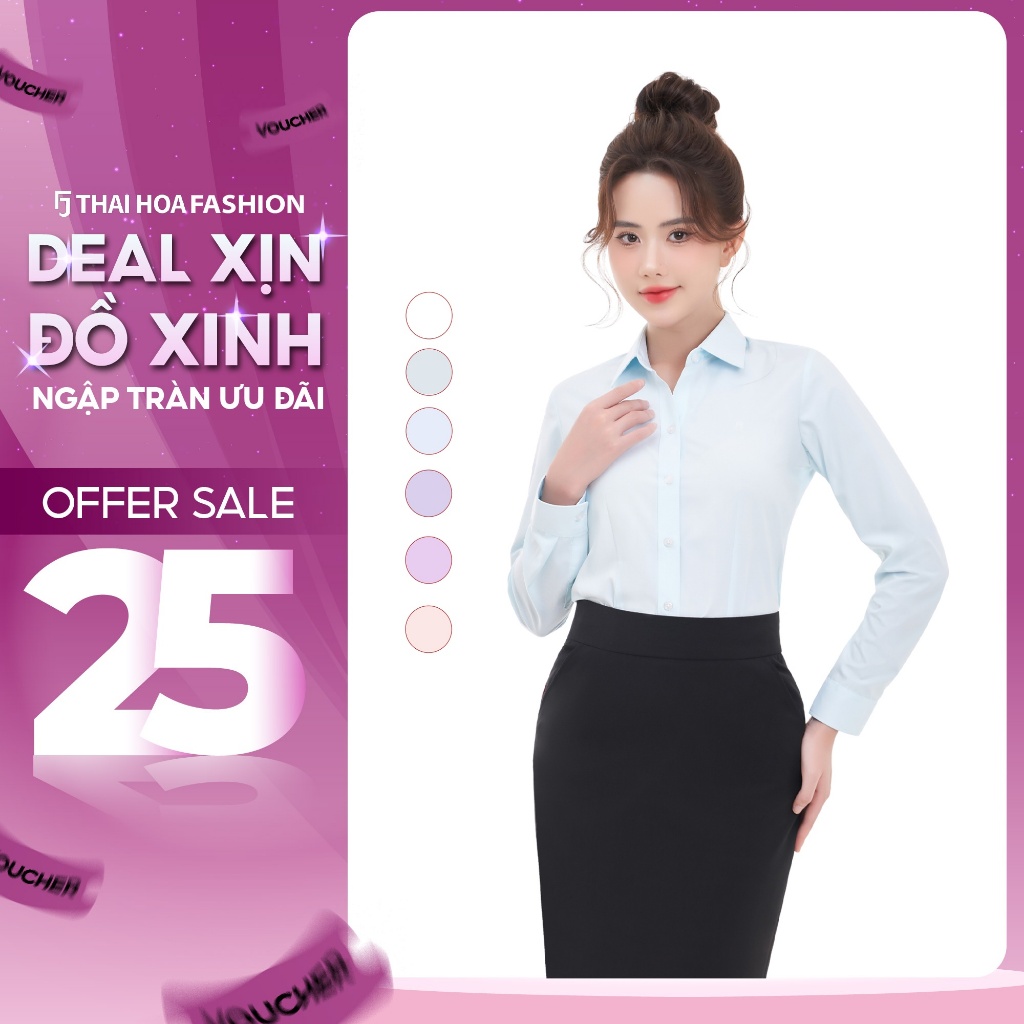 เสื้อเชิ้ตออฟฟิศแขนยาวผู้หญิง ASW0101-R04 ไทยโฮอา ผ้าคอตตอนลายทาง มีหลายสี