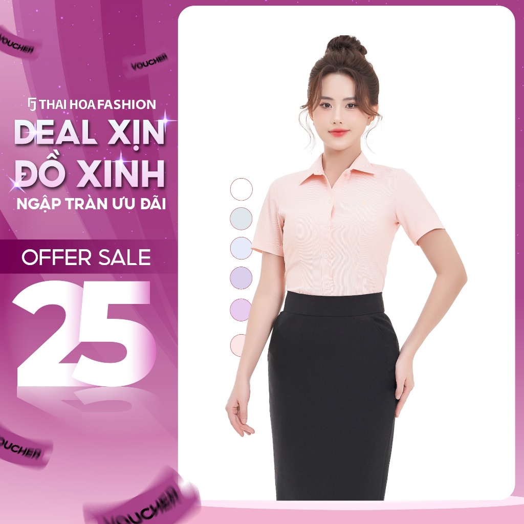 เสื้อเชิ้ตแขนสั้นผู้หญิง ASW0301-R04 Thai Hoa ผ้าคอตตอนลายทางเรียบหรู หลากสี