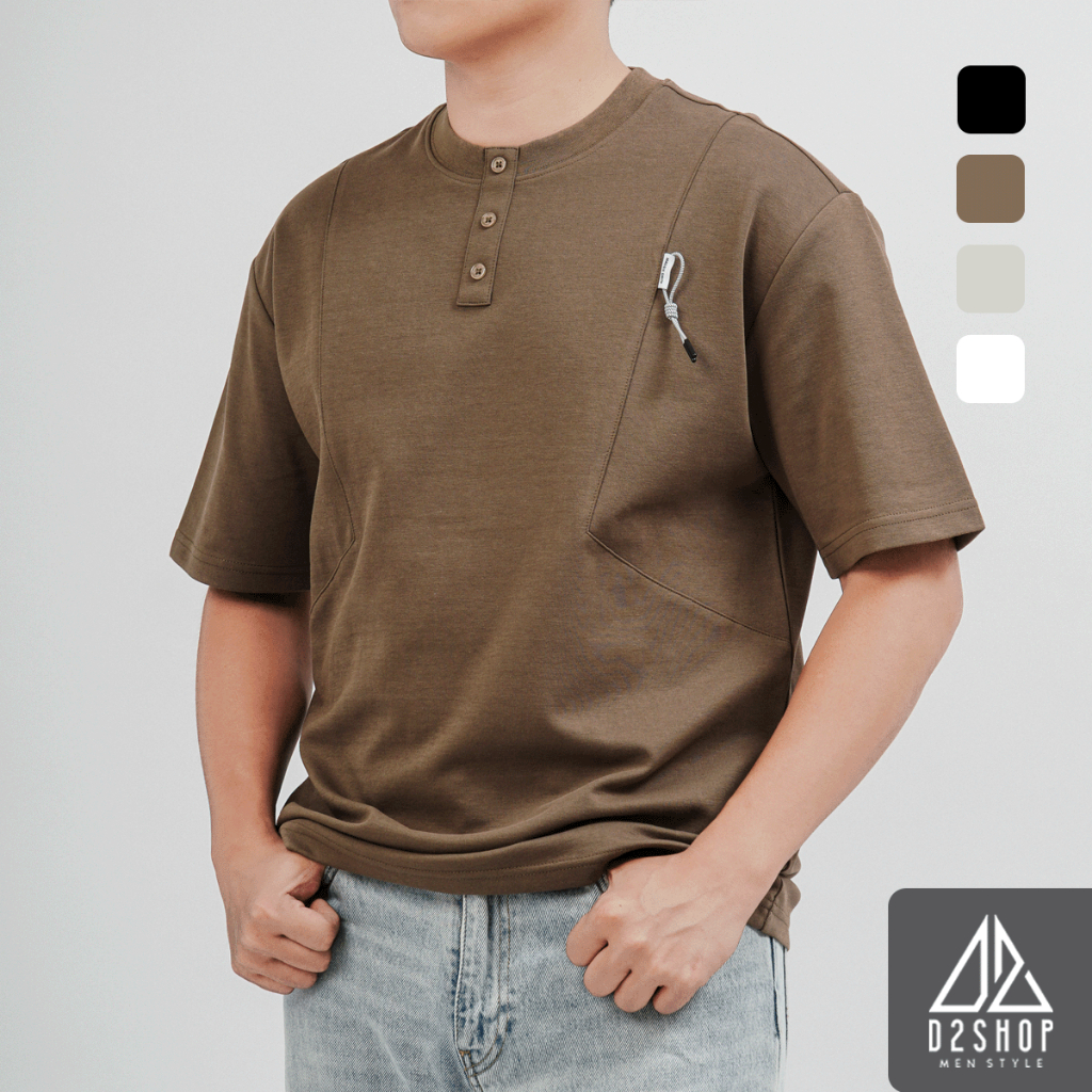 D2SHOP เสื้อยืดผู้ชายคอปก Henley ผ้า Premium Cotton B-F8809