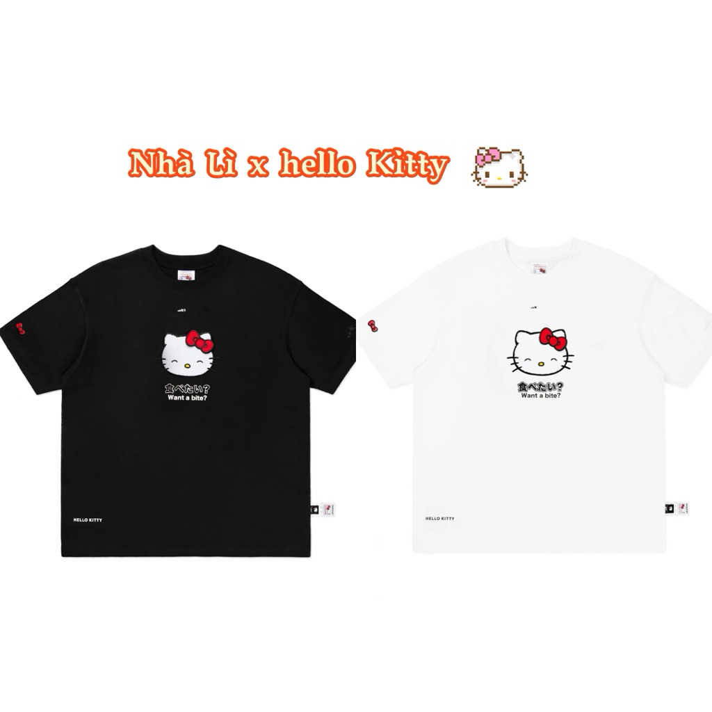 เสื้อยืดแขนสั้นปัก Nha Li x Hello Kitty Ruffled สีดํา/ขาว (ห่อป้ายใหม่)
