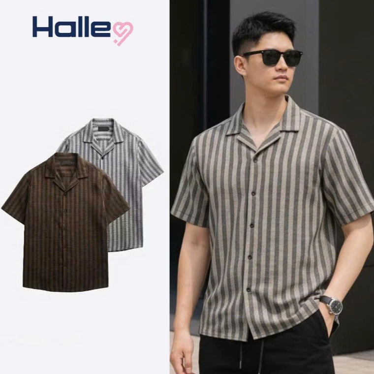 Halley ผู้ชายลายสก๊อต Turn-down Collar เสื้อผู้ชายเกาหลีเสื้อแขนสั้น Cool สําหรับ Beach Outings A49