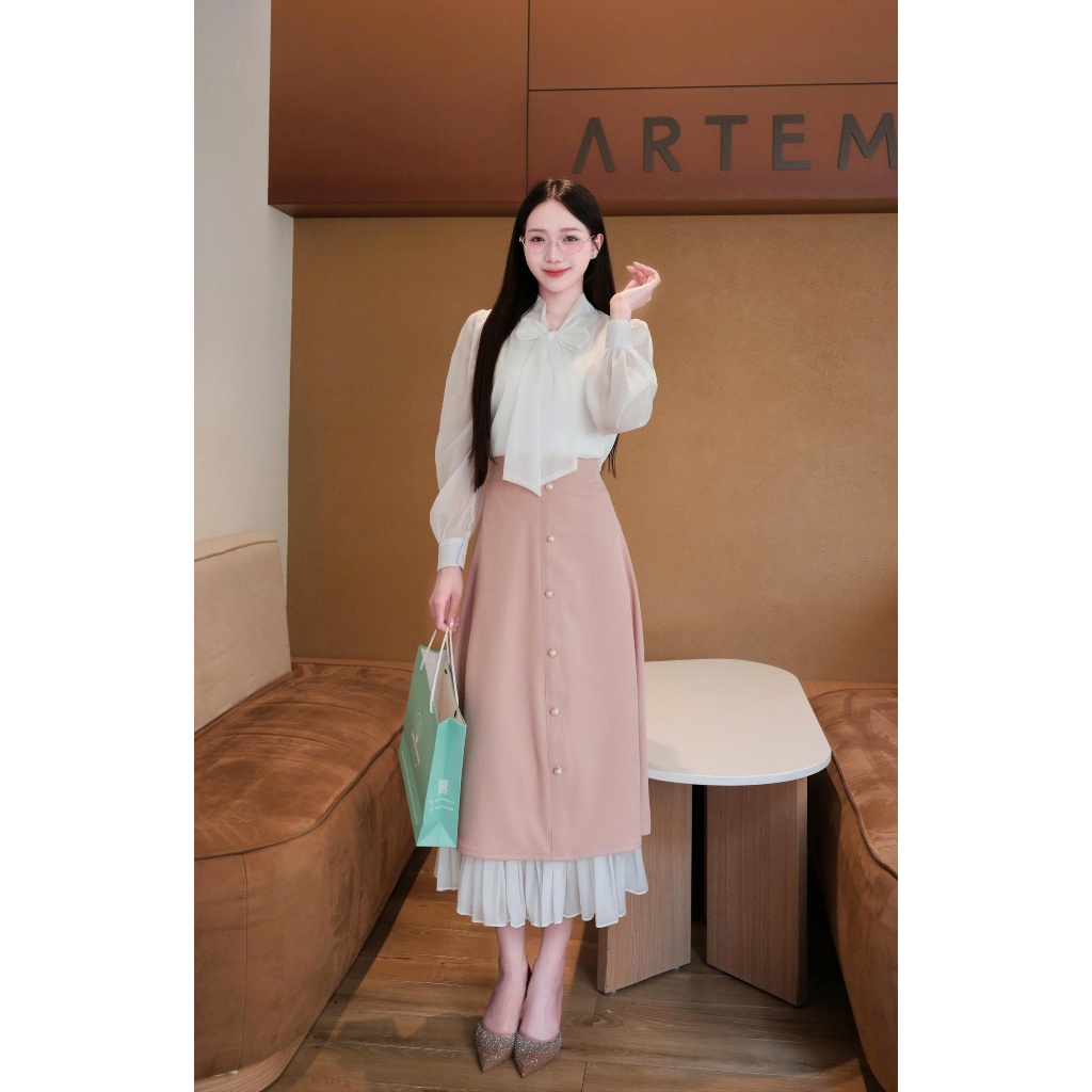 Adeline House - ชุดท็อปและกระโปรงชีฟองโบว์เรียบหรู - TK152.4 + TK173.2