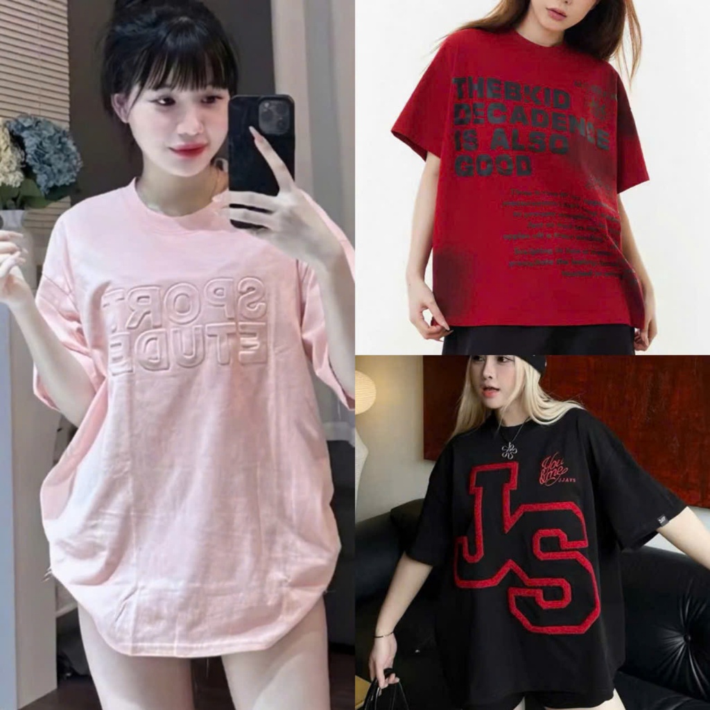 COMBO 3 SHIRT " PINK SPORT + RED FAFIC + BLACK JS "เสื้อยืดหลวมผู้หญิงคอกลมด้านบน