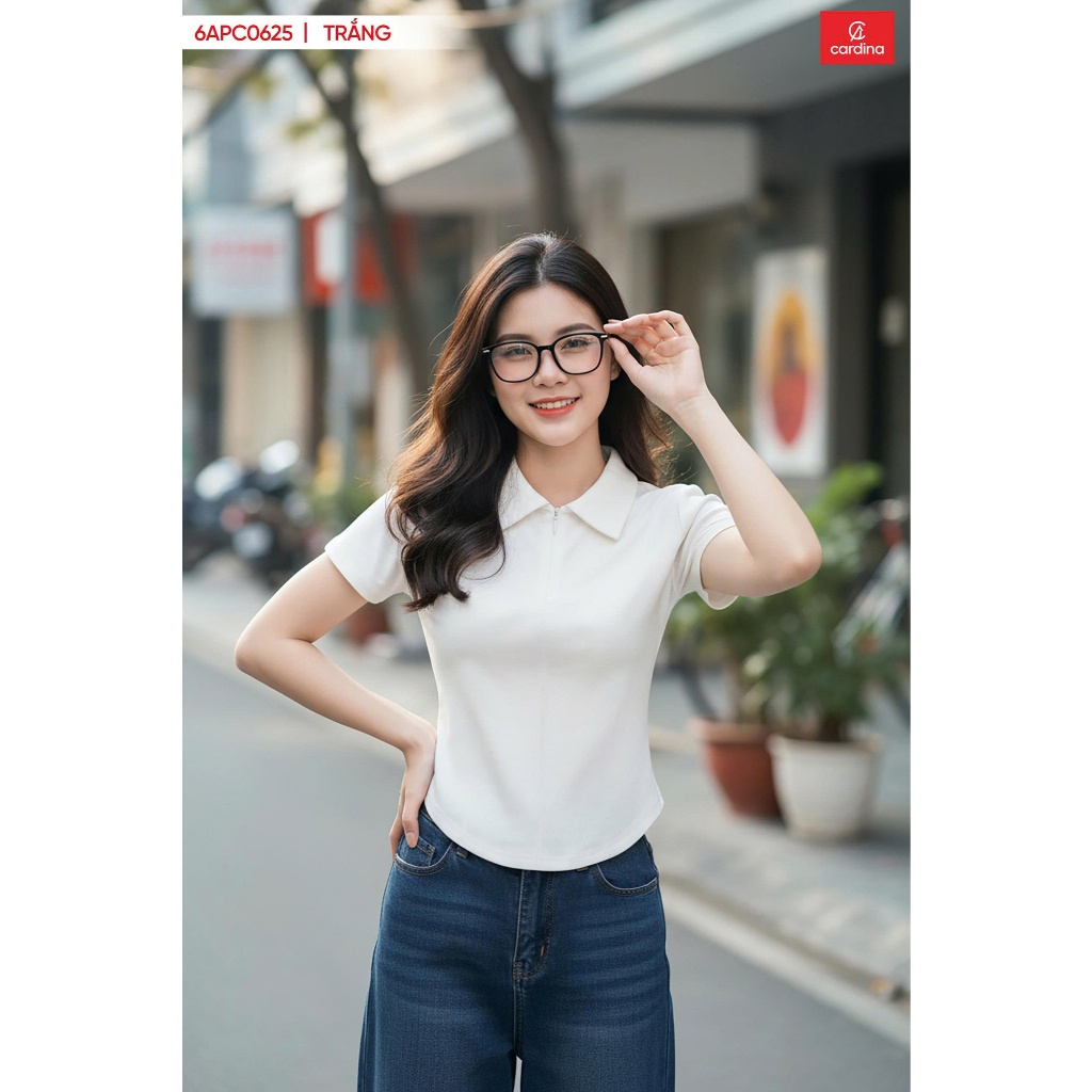 Cardina เสื้อยืดผู้หญิงผ้าฝ้ายซิปคอปกเยอรมันแขนสั้น Slim Form Elastic Soft Elegant 6APC06