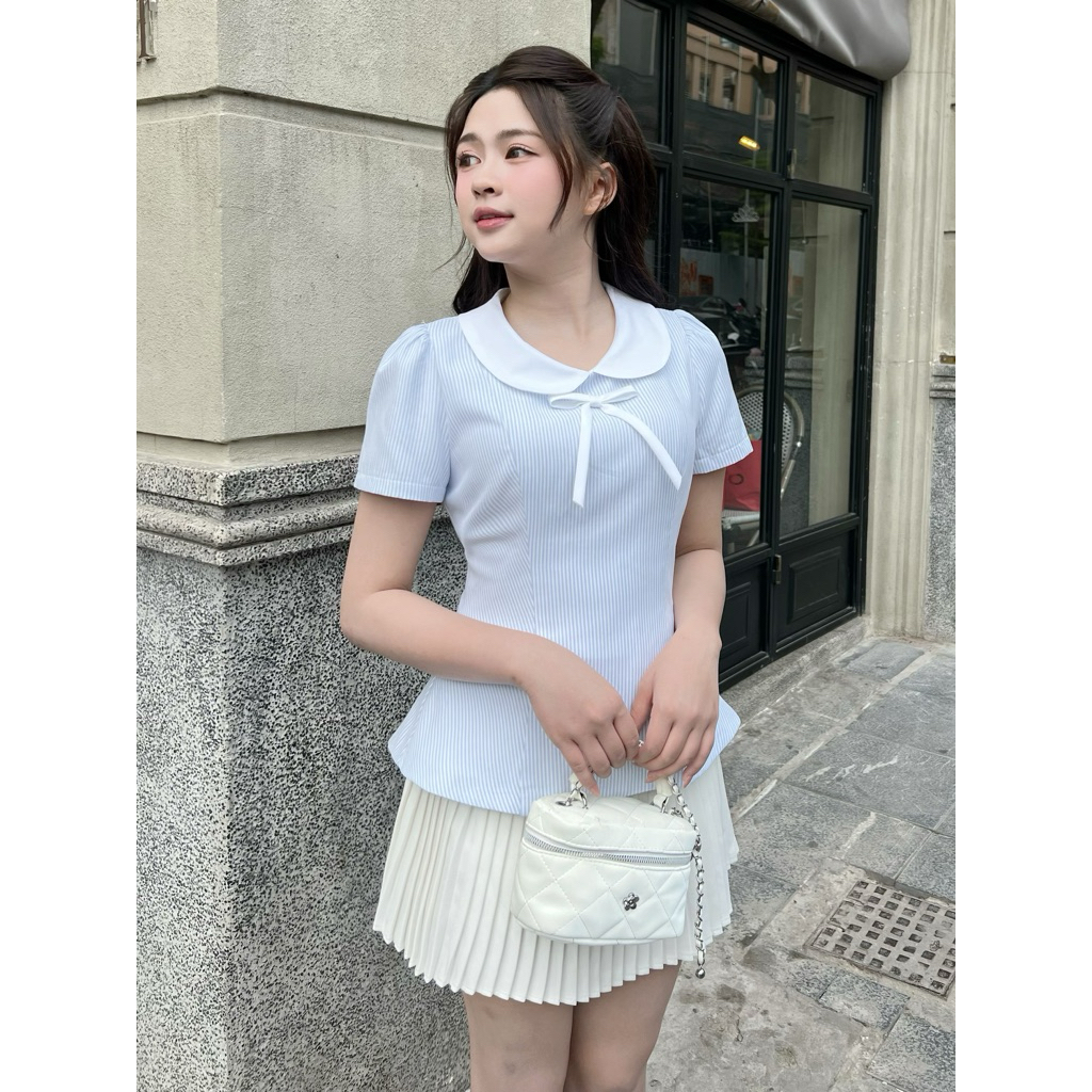เสื้อเชิ้ตผู้หญิงคอปกโบว์และเอวแนวราบเสื้อเชิ้ตฮันน่าสไตล์เลดี้