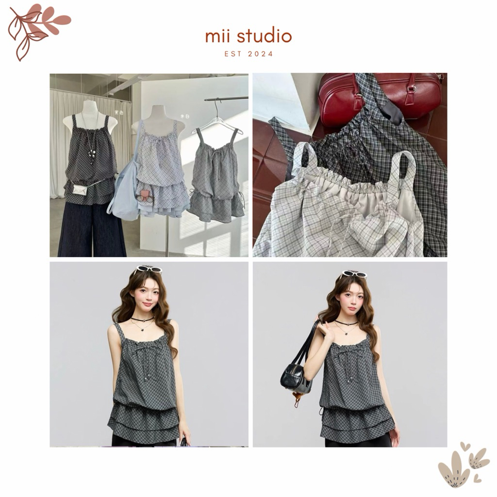 JUNE STUDIO เสื้อกล้ามลายตารางหมากรุกฝรั่งเศสดีไซน์จับจีบและเอวยางยืดอ่อนโยนและผู้หญิง