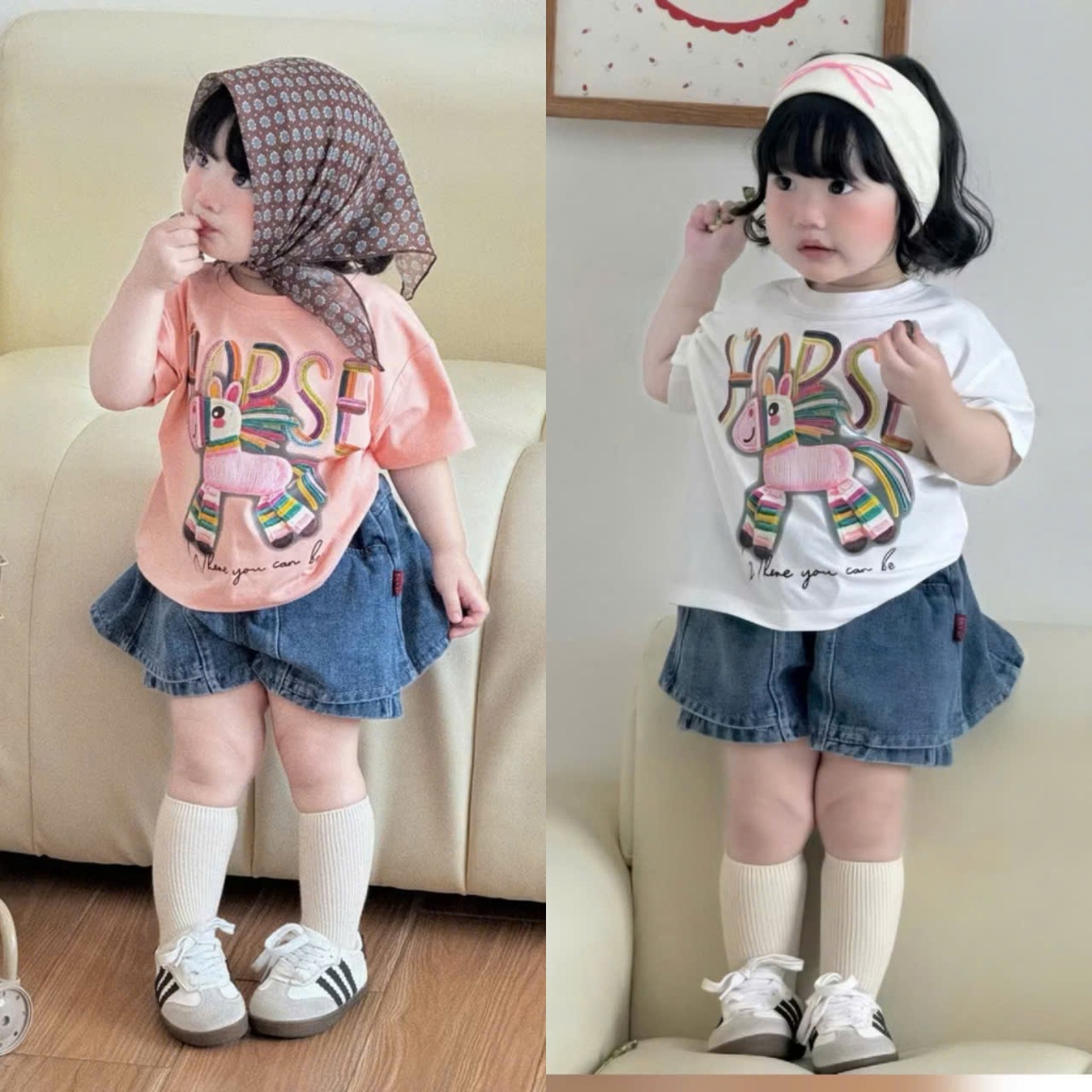 เสื้อผ้าเด็กผู้หญิง-เสื้อยืดม้าสีรุ้ง ชุดเซ็ทรวมกับยีนส์และกระโปรงเทียมสําหรับเด็กตั้งแต่ 1 ขวบถึง 7 ขวบ