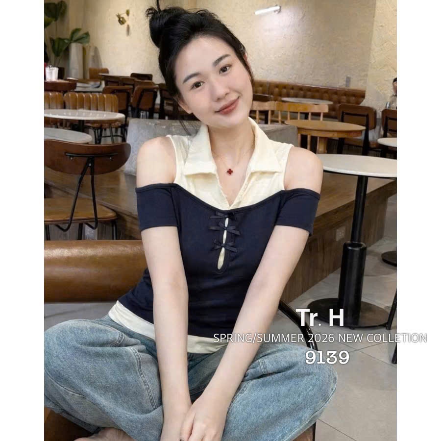 เสื้อยืดกระดุมคอโปโลแขนสั้นสุดน่ารักผูกโบว์ Ms W9139