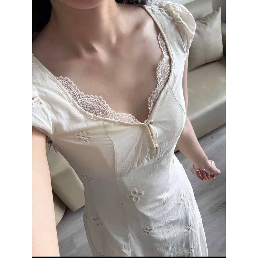 แม็กซี่เดรสคอวีแต่งลูกไม้ เดรสยาวผู้หญิง HT684 พร้อมรูปสินค้าจริง