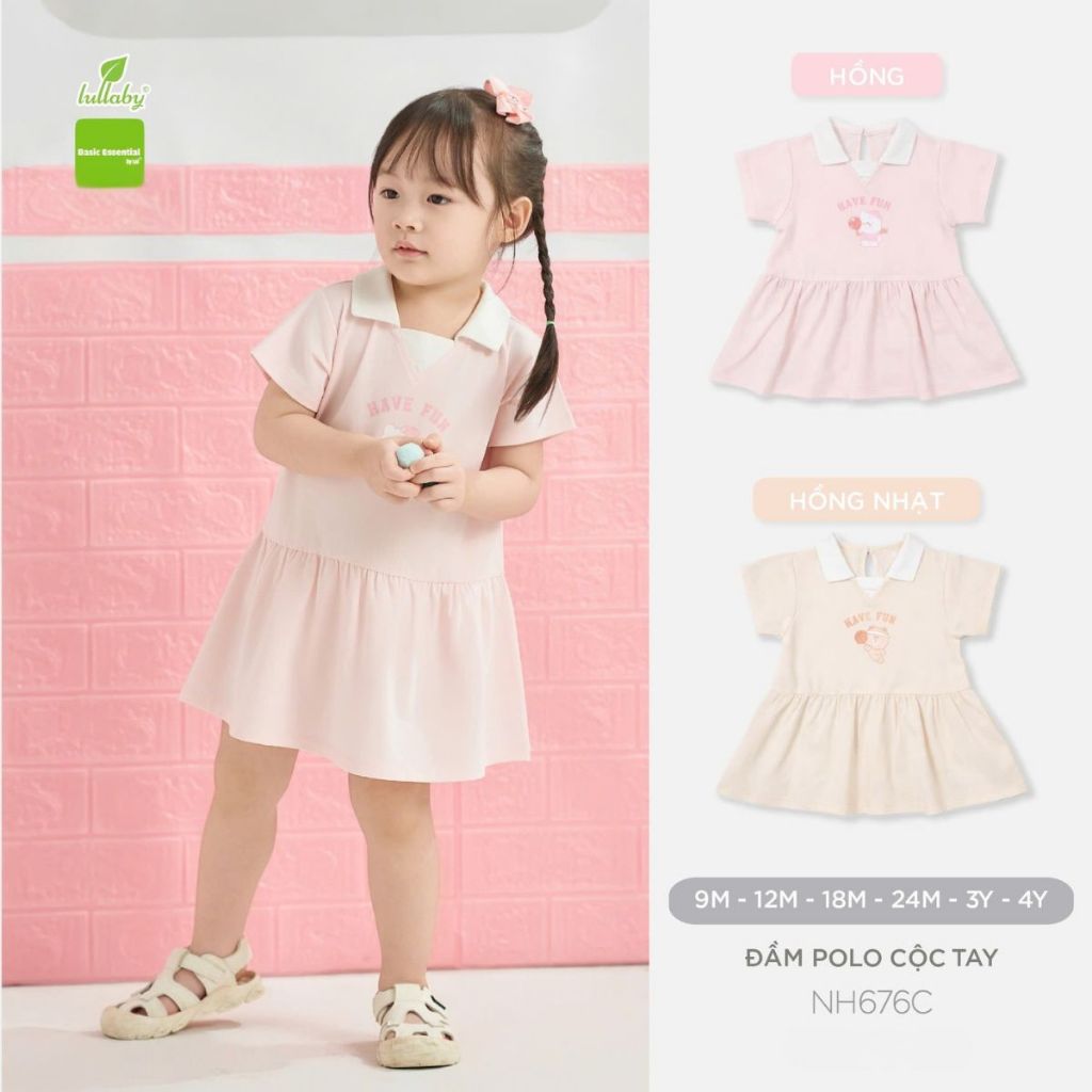 ชุดเดรสโปโลเด็กผู้หญิง Lullaby แขนสั้น NH676C ชุดเดรสผ้าฝ้ายนุ่มและเย็นพร้อมคอปกบานน่ารักสําหรับเด็ก