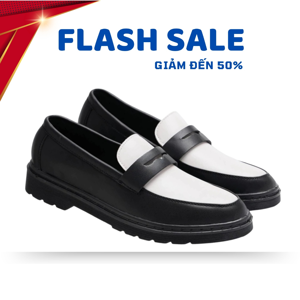 Penny Loafer Shoes สีดําและสีขาว, รองเท้าไม่มีส้นหนังผู้ชายพร้อมพื้นยางขึ้นรูป, สินค้าคุณภาพสูง