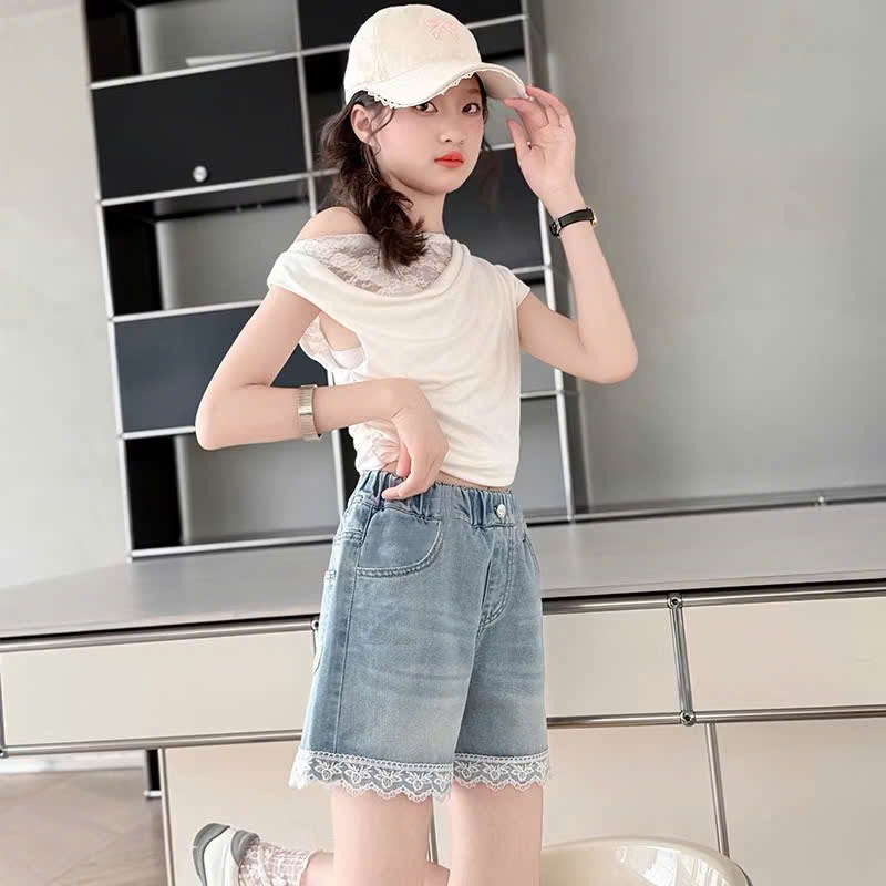 GIRLS JEAN SOOCS ผสมลูกไม้ PATTERNS LAM FASHION PANTS QS7