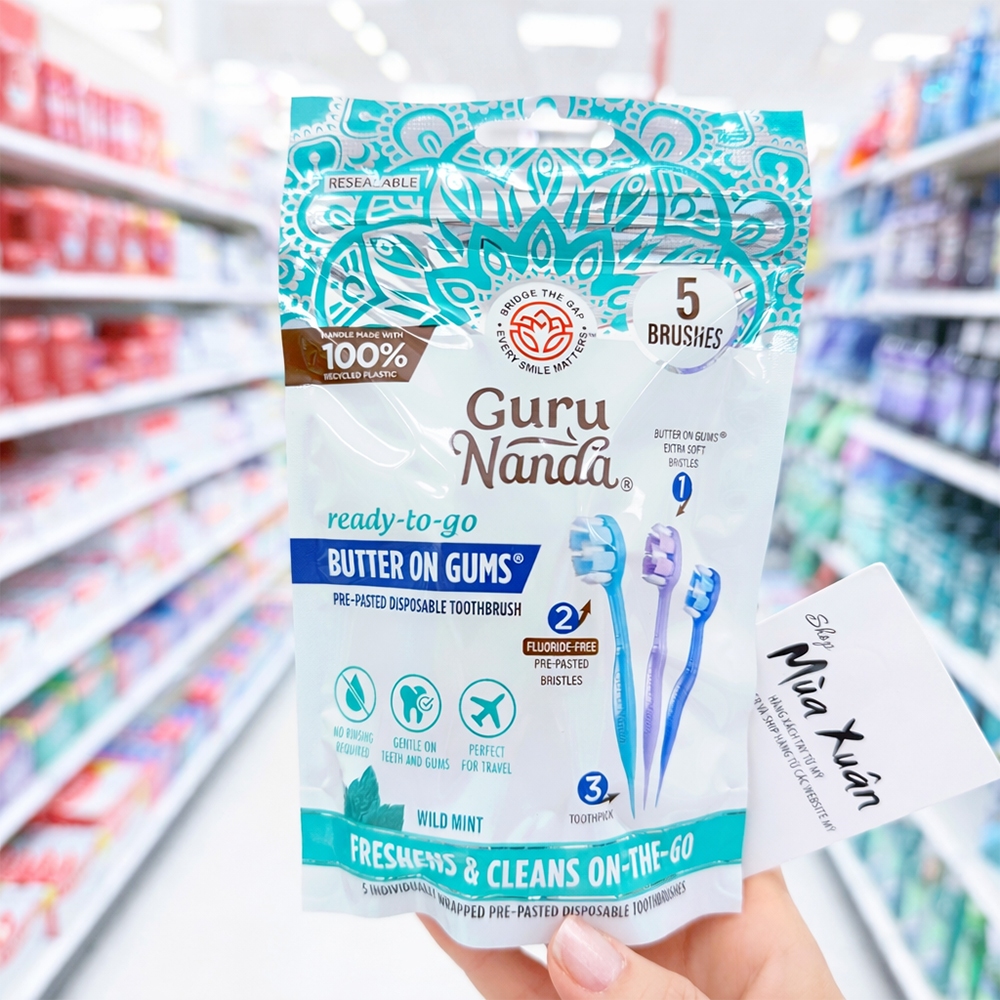 [AMERICAN PRODUCT] Guru Nanda Ready-To-Go Butter On Gums แปรงสีฟันแบบใช้แล้วทิ้งขนาดเล็ก 5 ชิ้น