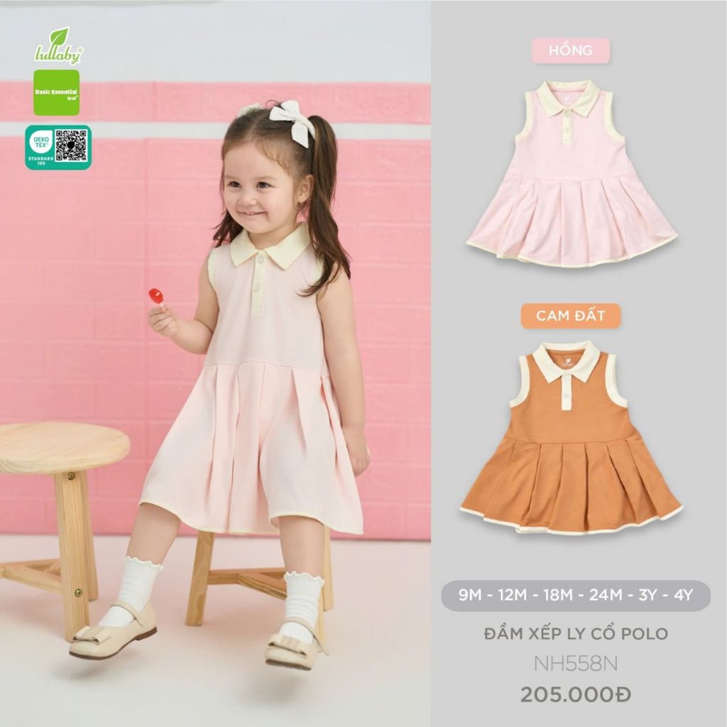 Lullaby NH558N Girls Underarm Polo Pleated Dress กระโปรงผ้าฝ้ายนุ่มและ Cool พร้อมคอปกบานน่ารักสําหรั