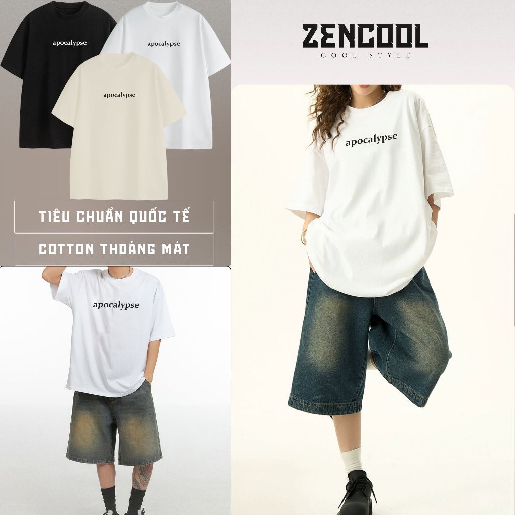 เสื้อยืดผ้าฝ้าย Apocalypse Zencool 100% 250gsm Basic, Oversize, Boxy print black, white, beige unise