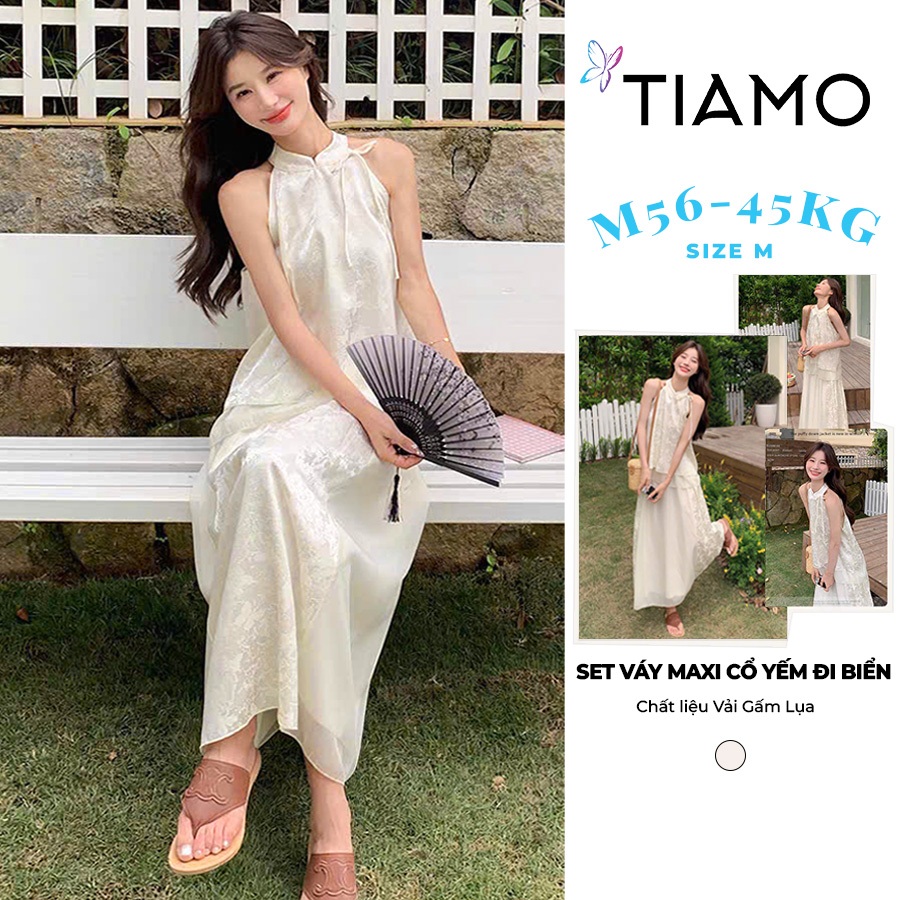 TIAMO CLOSET ชุดแม็กซี่เดรสคอปกผ้าไหม, ชุดไปทะเลผู้หญิงคอปกสายเดี่ยวลายโบรเคด 3D ทรงบาน SM26F147