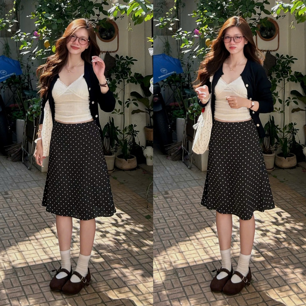 (OLDSCHOOL PHOTO) DOTTIE SKIRT ฤดูร้อน ไทยวูลเอวต่ําลายจุดผ้าไหม SKIRT