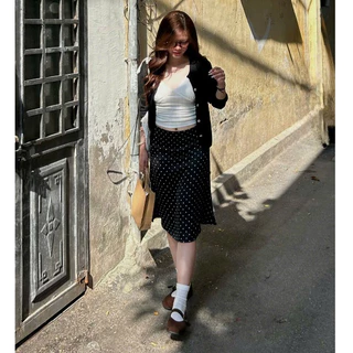 (OLDSCHOOL PHOTO) DOTTIE SKIRT ฤดูร้อน ไทยวูลเอวต่ําลายจุดผ้าไหม SKIRT