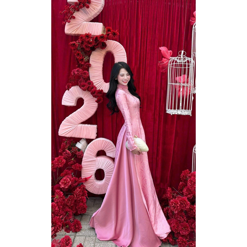Pink Ao Dai พร้อมผ้าไหมเมทัลลิก 2 ด้าน คุณภาพสูง อ่อนเยาว์และหรูหรา ไซส์ S-XXXL G06