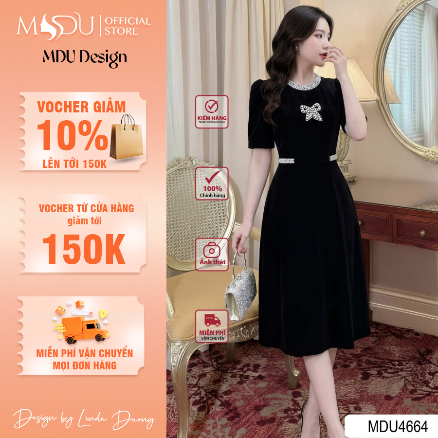 เดรสกํามะหยี่สีดําหรูหราคอกลมและพลอยเทียมโบว์หน้าอกแบนคอลเลกชัน MDU4664 | การออกแบบ MDU