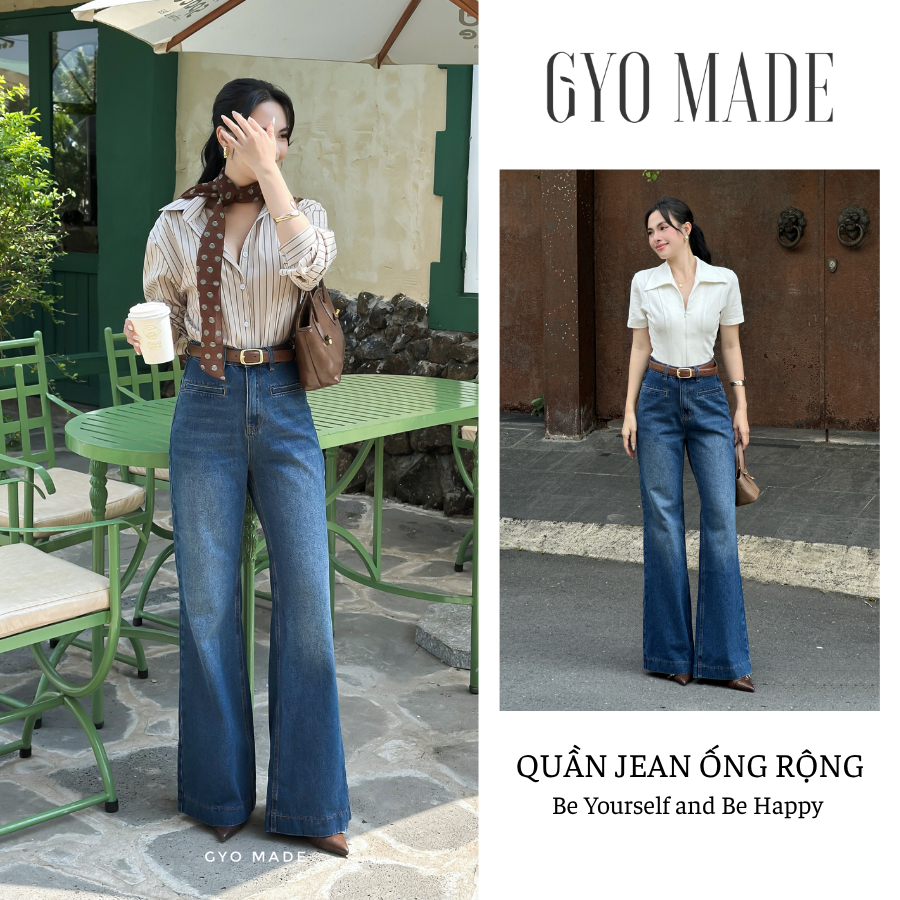 กางเกงยีนส์ขากว้างผู้หญิง GYOMADE ล้างสีน้ําเงินเข้ม กางเกงยีนส์ผ้าฝ้ายเข้ารูป แฟลต | GQ015B