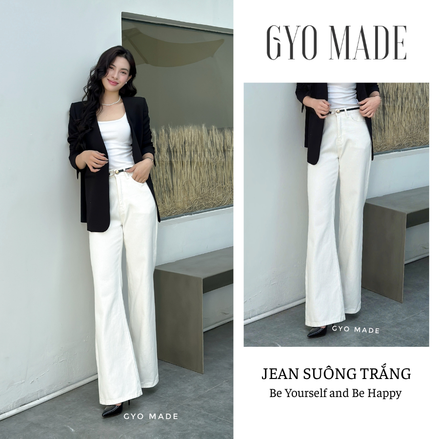 GYOMADE กางเกงยีนส์สีขาวผู้หญิงเอวสูง แฟลต เข้ารูป ผ้าฝ้ายยืดเล็กน้อย | GQ014