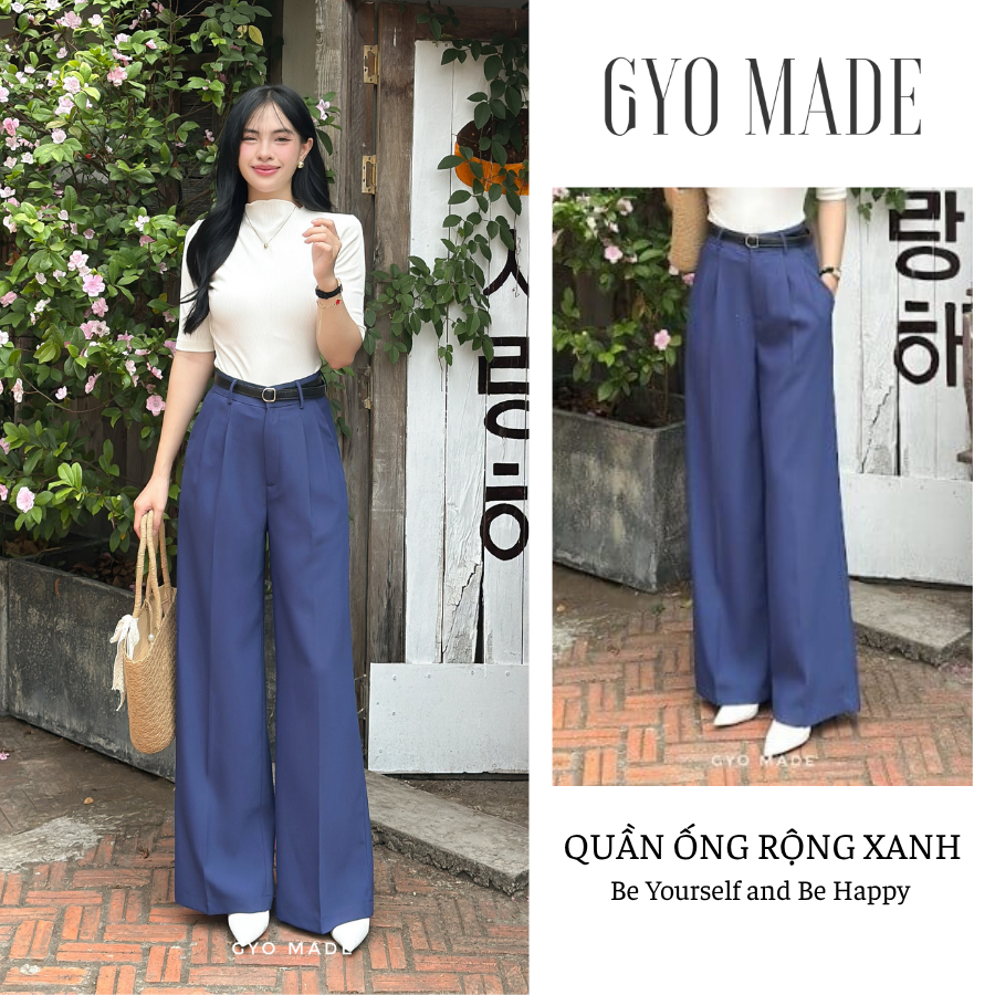 กางเกงขากว้างเอวสูงผู้หญิง สีกรมท่า (มีกระเป๋า) กางเกงขายาวผู้หญิงทรงหลวมผ้าไหมหิมะพริ้วนุ่ม | GQ003