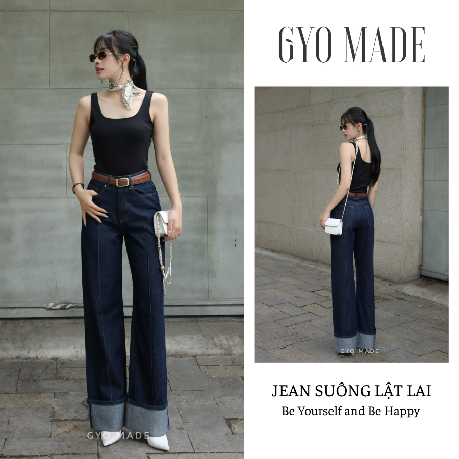 เกียวเมด กางเกงยีนส์ผู้หญิงทรงขากระบอกเอวสูงผ้าฝ้ายและผ้าลินินคุณภาพสูงที่แบนขึ้น | GQ020