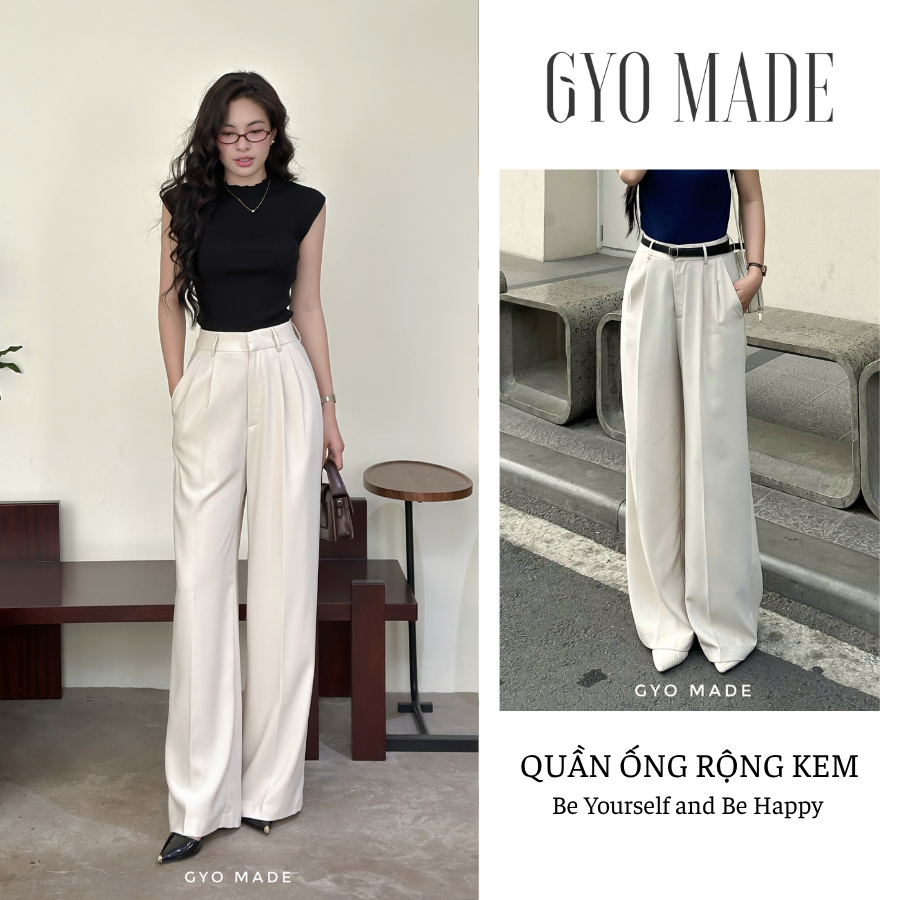 GYOMADE กางเกงขากว้างสีครีมผู้หญิง เอวสูง ผ้า Snow Silk นุ่มเนียน แฟลต | GQ003C
