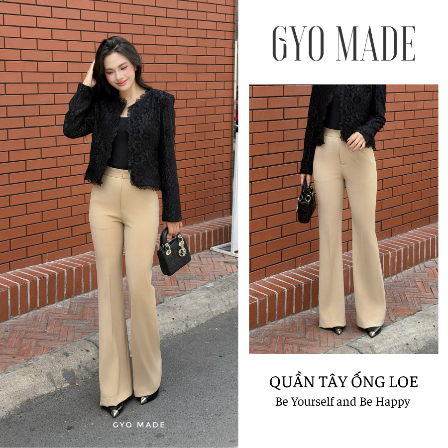 GYOMADE กางเกงขาบานเอวสูงเรียบหรูของผู้หญิง วัสดุ Carolan คุณภาพสูงที่นุ่มและยืด | GQ002BR