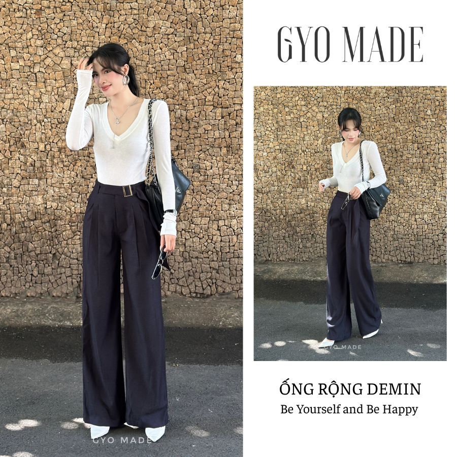 GYOMADE Denim กางเกงขากว้างผู้หญิงสีน้ําเงินเทาคุณภาพสูงพร้อมขอบเอว รูปทรงนุ่มและแบน | GQ019