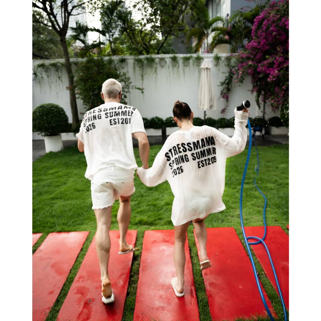 แบรนด์ท้องถิ่น-S STESSMAMA SS26 Sheer Longsleeve T-Shirt 100% Cotton Oversize Unisex Form / White-Bl