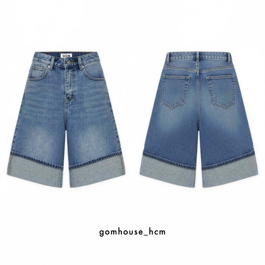 GOMHOUSE [ SHORT ] - UBAN FOLDED Jean ขาสั้น - ทรงขากว้างมากในผ้าเดนิมผ้าฝ้ายมีสไตล์สําหรับผู้หญิง S