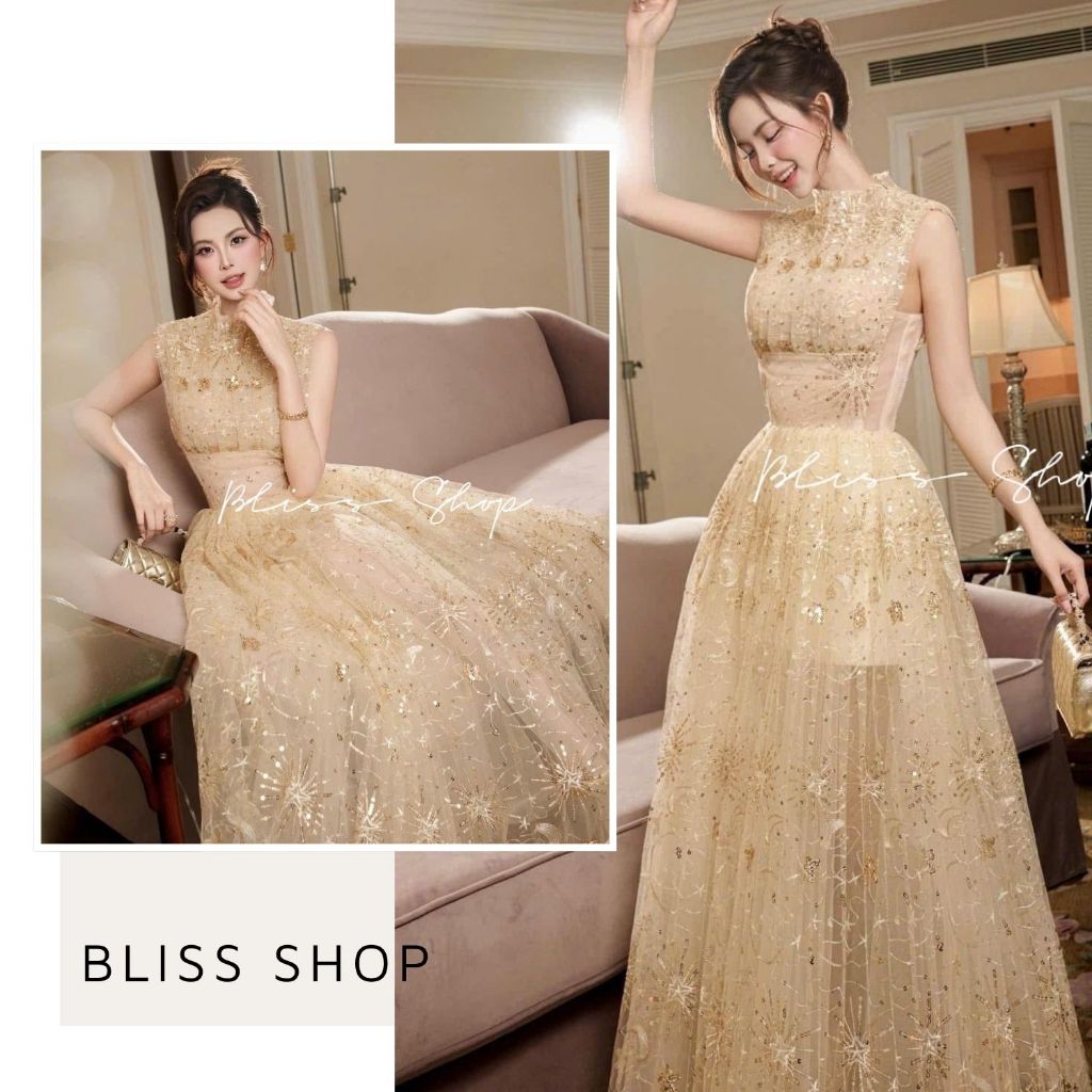 SA [ดีไซน์ระดับไฮเอนด์] Bliss Shop เดรสบานยาวหรูหราลายเลื่อมสําหรับปาร์ตี้ - V823