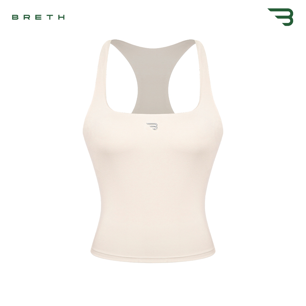 BREATH เสื้อกล้ามกีฬาผู้หญิงเข้ารูป ด้านหลังรูปตัว Y พร้อมดูดหน้าอก คอเหลี่ยม โลโก้สแตนเลส เหลืองเนย