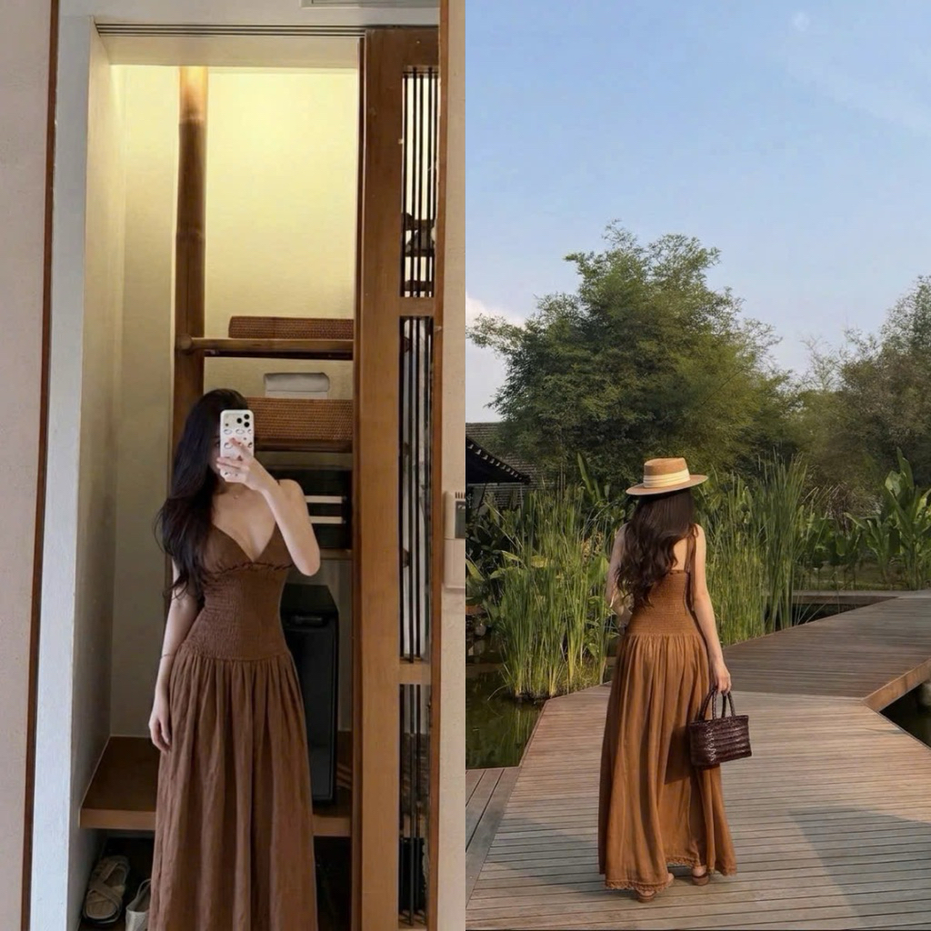 2ส เดรสสม็อค แม็กซี่เดรสยางยืดใส่เที่ยว เที่ยวทะเล HT612 พร้อมรูปสินค้าจริง
