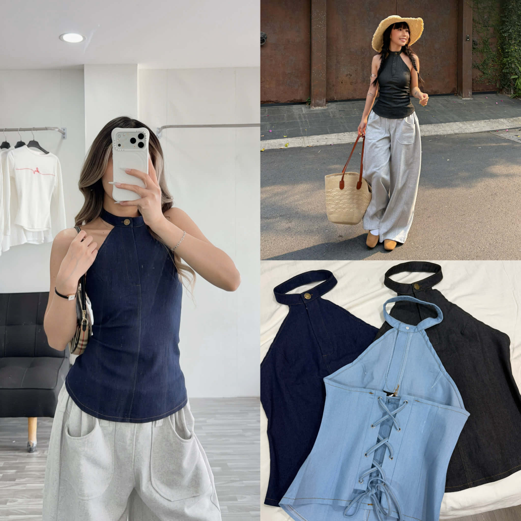 HELINA TOP - DEROSE DENIM Camisole ถัก Herringbone กลับ DENIM เสื้อซิปและปุ่มเสื้อผู้หญิง Camisole ผู้หญิง