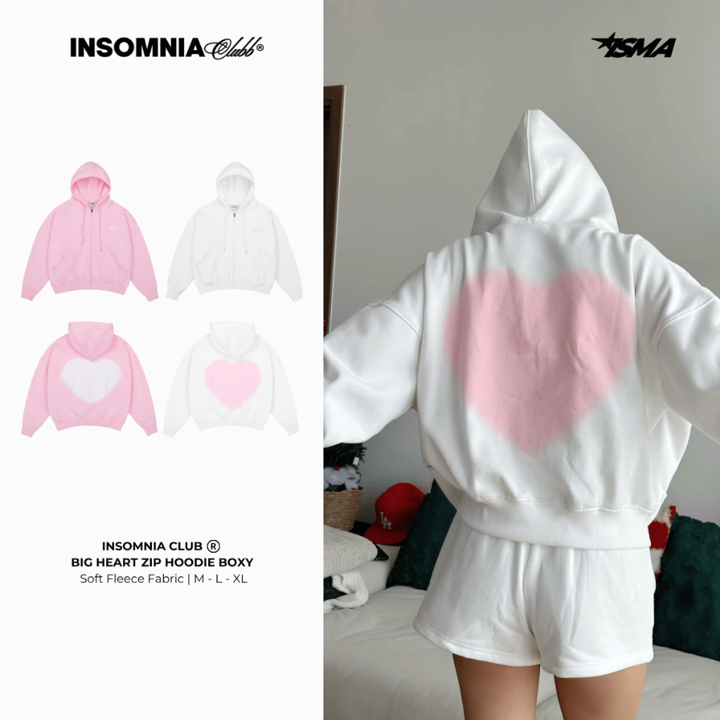 Big Heart Hoodie Zip Boxy Form Soft Fleece Cotton Fabric INSOMNIA CLUB - HD009
