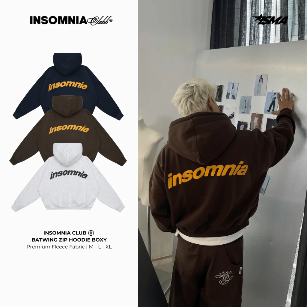 [NEW ARRIVAL] Hoodie Zip Form Boxy Batwing Premium Fleece Fabric INSOMNIA CLUB - HD015