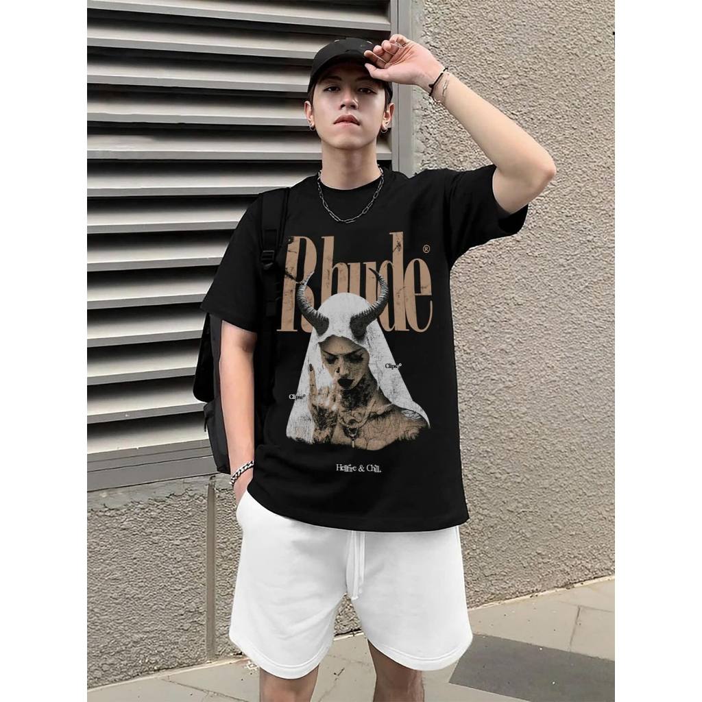 RHUDE Dynamic Horned Man เสื้อยืดคอกลมสําหรับผู้ชายและผู้หญิงทําจากผ้าฝ้ายแห้งสุดเท่