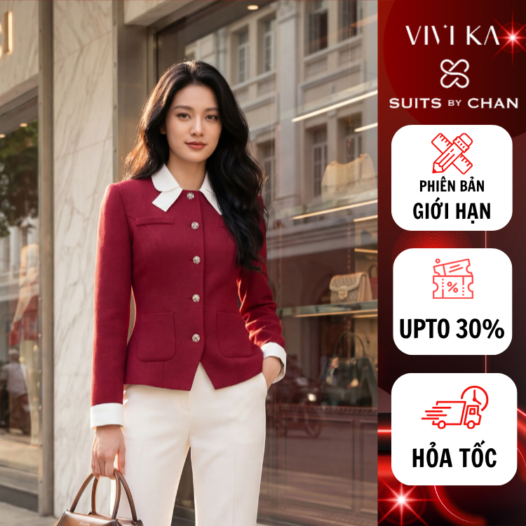 Kivra VIVI KA Vest ดีไซน์แขนยาวปกใบไม้สีขาวและโบว์ สีแดง ผ้าคุณภาพสูงหรูหราสําหรับออกไปปาร์ตี้ Tet ใ